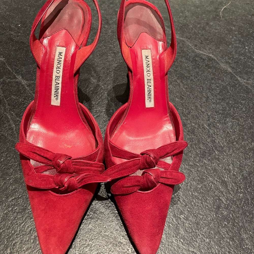 Manolo Blahnik red slingback bow pumps heels 39.5